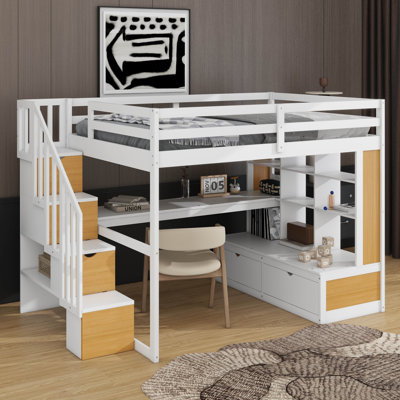 Full Size Loft Bed with Desk and Shelves, Two Built-in Drawers, Storage Staircase