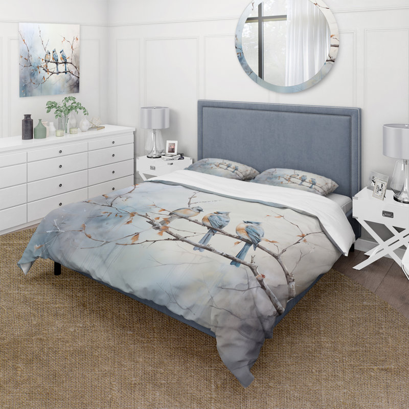Birds On The Brink II - Bird Duvet Cover Set - Microfiber Polyester, Queen Duvet Cover + 2 Standard Shams