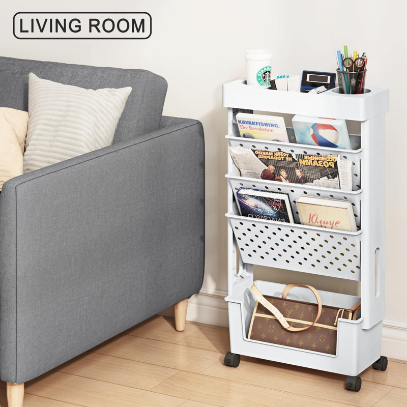 5-Tier Mobile Bookshelf, Rolling Bookcase Book Storage Rack, Movable File Folder Organizer Cart With Wheels For Home Study Office Living Room Classroom, (White)