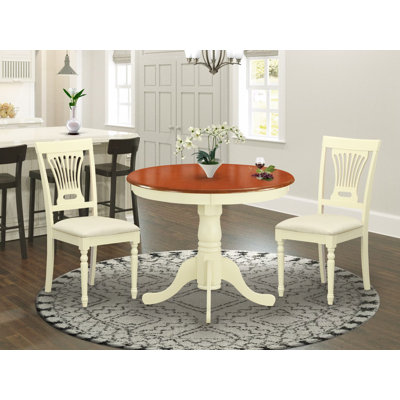 3 Piece Dining Table Set for Small Spaces Contains a Round Kitchen Table with Pedestal and 2 Linen Fabric Kitchen Dining Chairs, 36x36 Inch, Buttermilk & Cherry