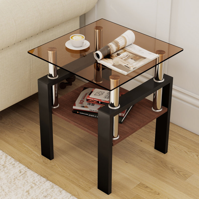 Ensemble de 2 tables de bout, table d'appoint rectangulaire moderne avec plateau en verre trempé et structure en bois, petite table de chevet