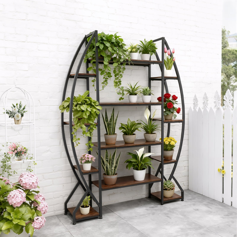 Oval Bookshelf, Triple Wide 5 Tiers Etagere Bookcases, Industrial Display Shelves For Living Room