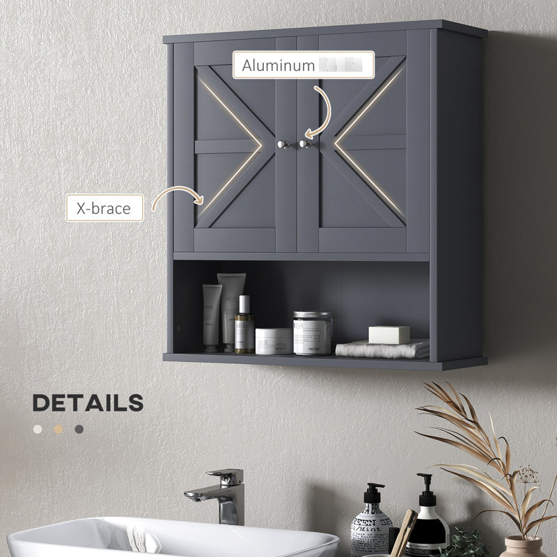 Armoire murale grise avec rangement réglable et tablettes ouvertes pour un rangement soigné
