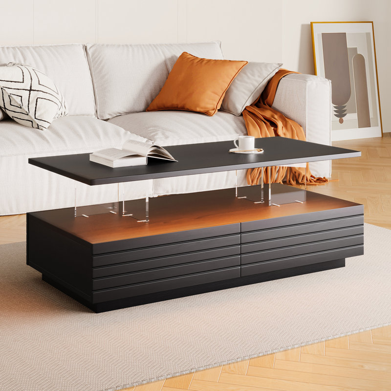 Modern Black Rectangular LED Lights Coffee Table With 2 Drawers In 47.2", Black