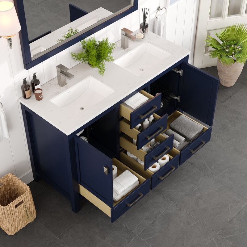London 54" Blue Solid Wood Double Sink Bathroom Vanity with Quartz Top