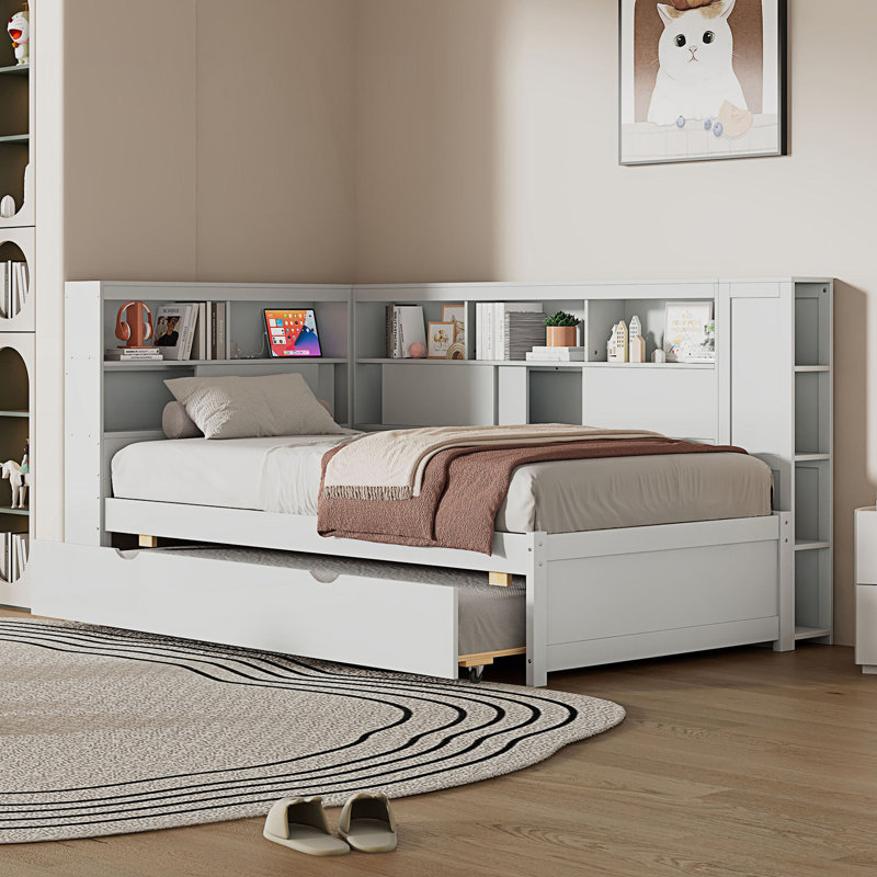 Lit de jour simple avec tablettes de rangement, USB et lit gigogne, Blanc
