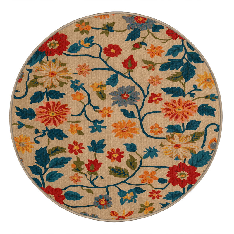 Washable Flower Garland Farm Area Rug, Round 7'