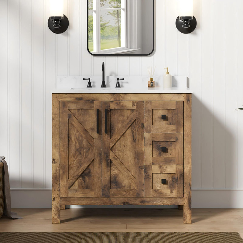 Linsay 36" Fully Assembled Rustic Brown Single Bathroom Vanity with Engineered Stone Marble Top, Soft-Close Doors
