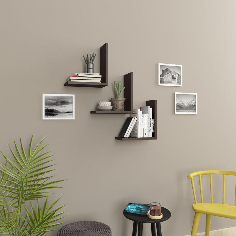 Lindy 3 Piece L-Shaped Floating Shelf with Adjustable Shelves, 32" H x 28" W x 16" D, Dark Coffee