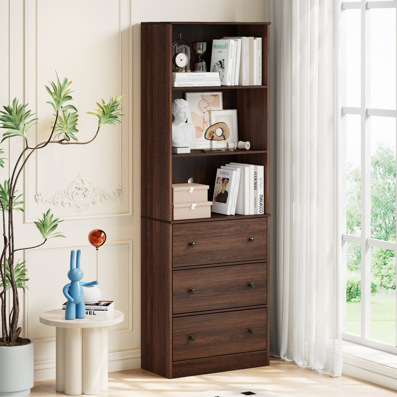 Bibliothèque standard H 70,9 po x l 23,6 po avec 2 tablettes ouvertes et 3 tiroirs, Brun