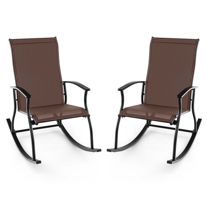2 Pcs Outdoor Rocking Chairs With Breathable Backrest Smooth Safe Rocking Design, Brown