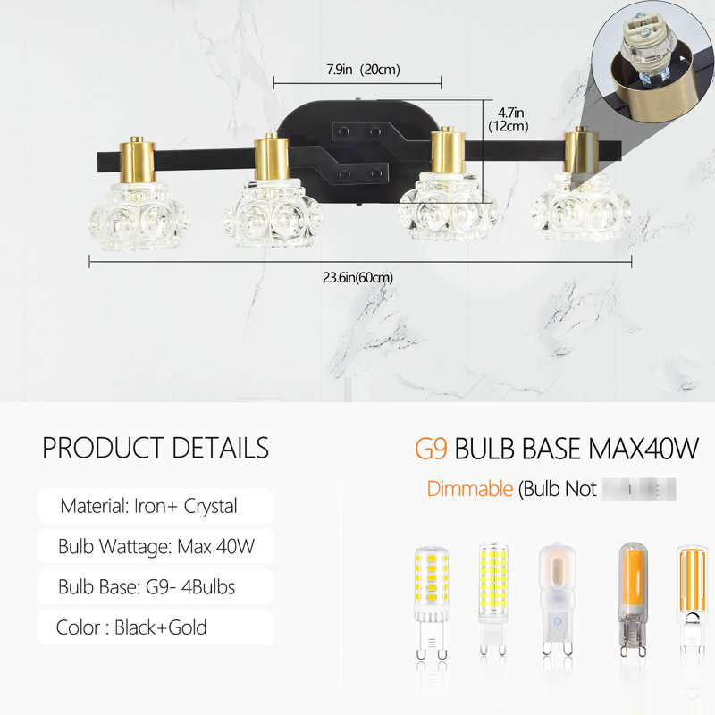 Vintage 4- Wall Fixture, Clear Crystal , Black Iron, Bathroom & Hallway, High Brightness, Easy To Install Sconce With Crystal, Matte + Golden, Retro Hallway , Energy Saving,