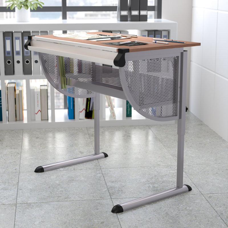 Adjustable Drawing and Drafting Table with Pewter Frame and Lower Supply Tray, Pewter