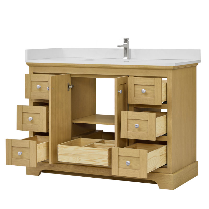 Meuble-lavabo simple 48 po Avery en chêne miel, comptoir en quartz blanc, lavabo carré encastré (1 trou), garniture en chrome poli