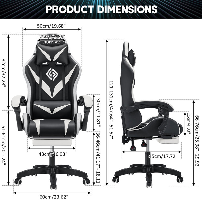Ergonomic  LED Gaming Chair with Massage Lumbar Pillow, White/Black