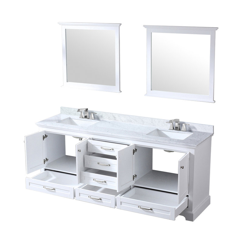 Meuble-lavabo double l 80 po x P 22 po, comptoir en marbre de Carrare, ensemble de robinet et miroirs de 30 po, Blanc