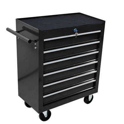 Chariot de garage 6 tiroirs avec serrure et construction - Boîte à outils noire robuste