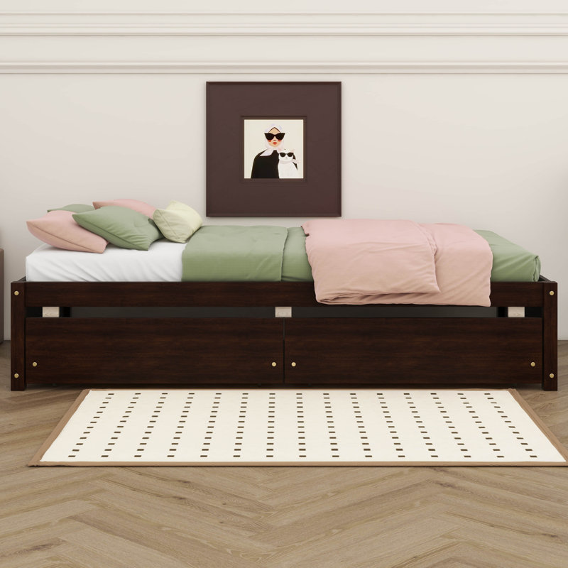 Lit simple avec 2 tiroirs, bois massif, sans sommier, Espresso