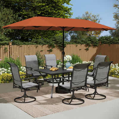 Ensemble de salle à manger rectangulaire en métal pour 6 personnes avec parasol