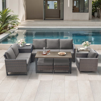 6-8 Person All-Weather Wicker Outdoor Conversation Set Seating Group With Swivel Chairs And Ottomans