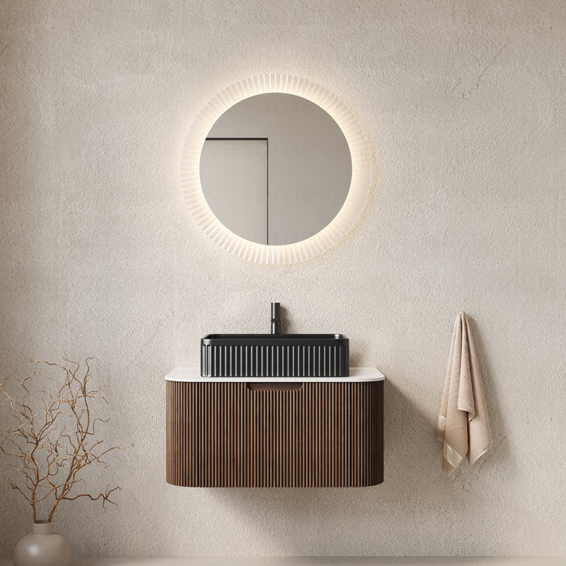 Meuble-lavabo de salle de bain 36 po avec lavabo, lavabo à fixation murale à bords arrondis flottants avec tiroir, lavabo en céramique rectangulaire noir, sans robinet, pré-assemblé, couleur noyer foncé