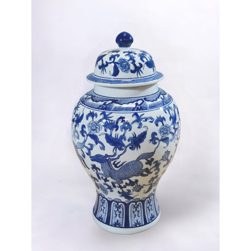 17" Porcelain Ginger Jar with Chinoiserie Deer Design, Blue