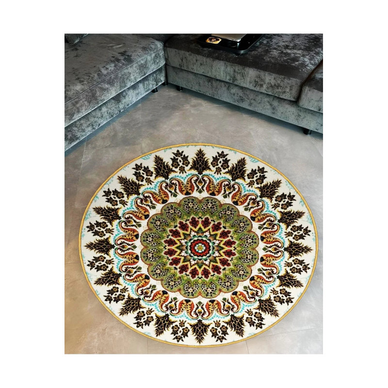 Multicolored Antique Pattern Detailed Woven Base Modern Decorative Carpet, Round 2'8"