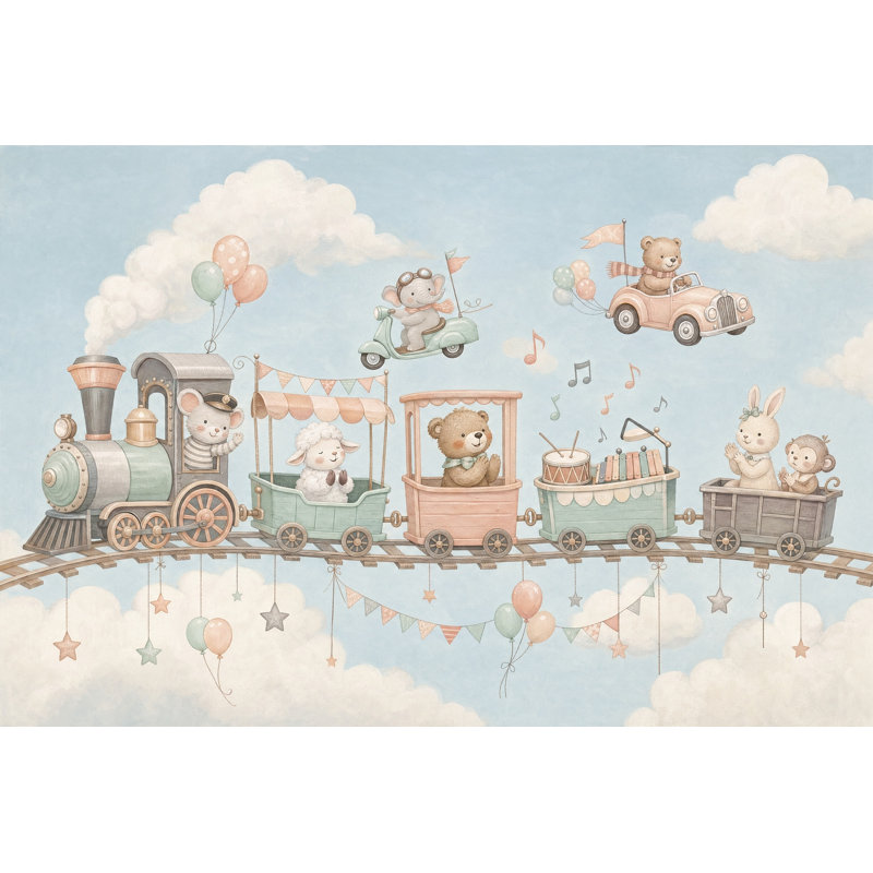 Papier peint aquarelle Train d'animaux, fresque murale pastel pour chambre d'enfant, 200"x120", Textured Non-Pasted