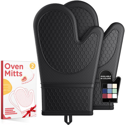 Silicone Oven Mitts, Set of 2, Heat Resistant, Oven Gloves with Soft Lining, Non-Slip Kitchen Essentials, Kitchen Gadgets, Apartment Essentials, Great Gift for Cooking, Baking, Black