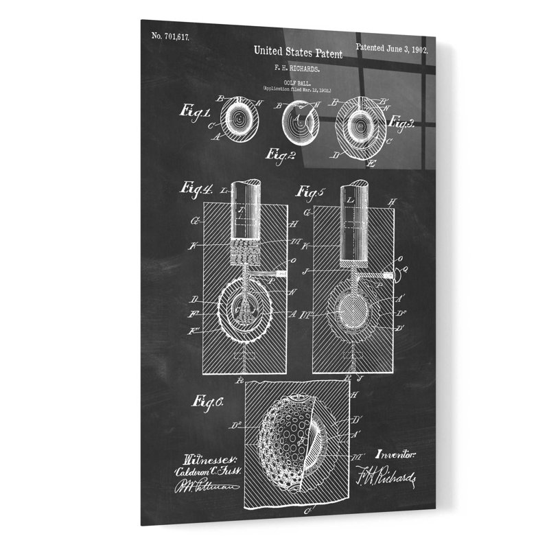 «Golf Ball Blueprint Vernis Chalkboard» par Art mural en verre acrylique, H 24 po x l 16 po x P 0,2 po