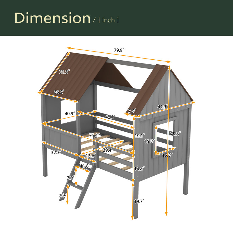 Lit mezzanine simple en bois avec deux fenêtres latérales, Brun / Gris