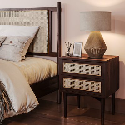 Oliver Solid Wood 2-Drawer Nightstand with Rattan for Living Room & Bedroom