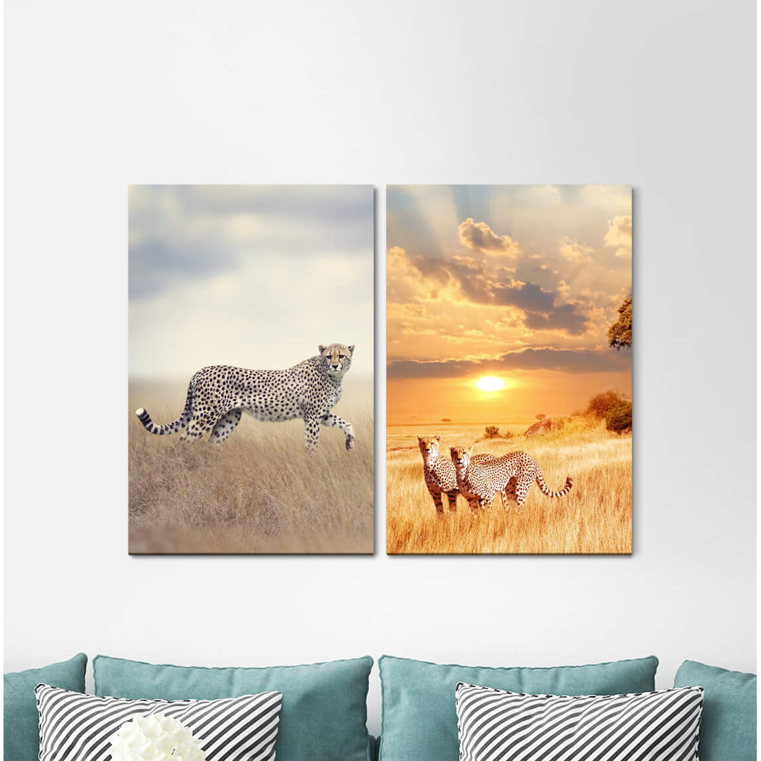 2-tlg. Leinwandbilder-Set - Fotografie „Cheetahs Africa Wilderness Safari Steppe Sunset Nature”