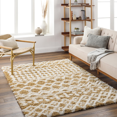 Ivory Modern Shaggy Rug, Geometric Easy to Clean Rug For Living Room, Dining Room, Bedroom, Kitchen