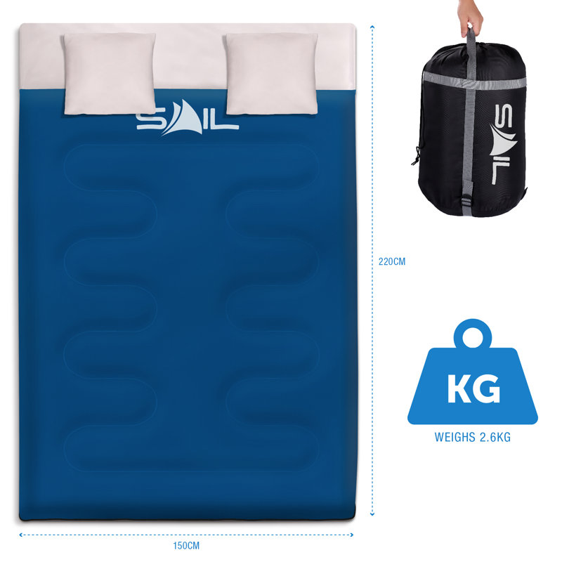 SAIL Double Sleeping Bag with 2 Pillows for 3-4 Season (250gsm), Blue