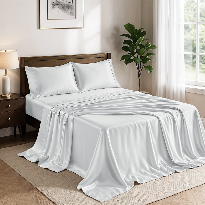 Drap-housse luxueux 4 pièces Lux Satin, Gris, Ensemble de draps pour grand lit avec 2 taies d'or