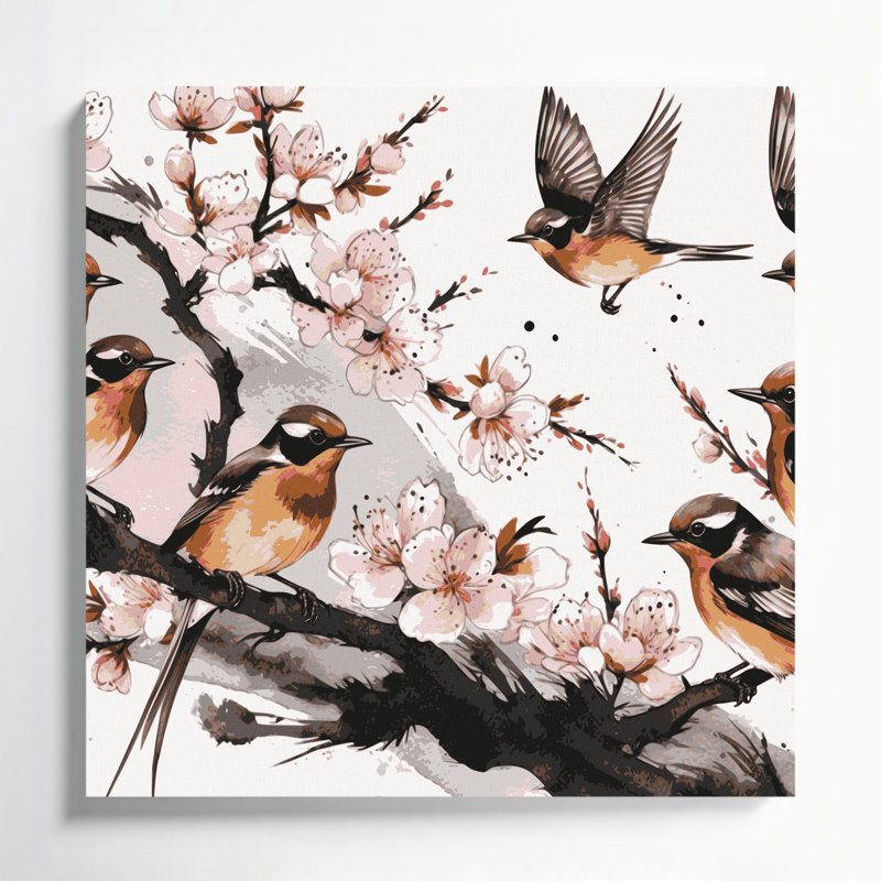 Oiseaux, art asiatique sur toile brun, H 8 po x l 8 po