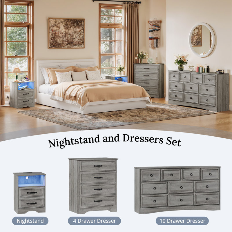 Modern 2-Drawer Nightstand with Charging Station and LED Light  (Set of 2), 2
