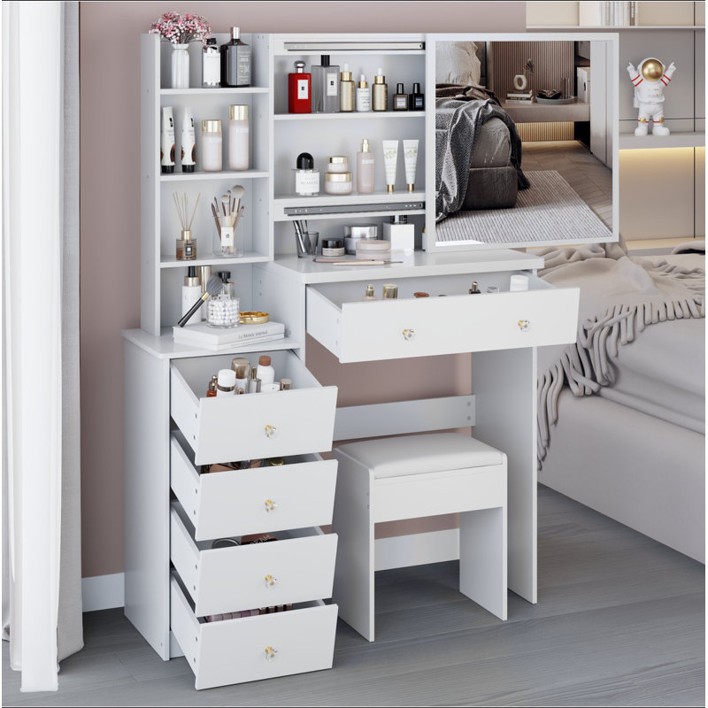 37" Middle Size Left Bedside Cabinet Vanity Table + Cushioned Stool, Extra Large Right Sliding Mirror, Multi Layer High Capacity Storage, Practical Fashionable Dresser, Suitable For Large Space