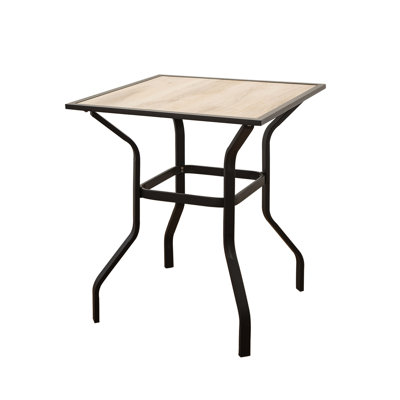 Table de patio pour la cour arrière avec support en métal et plateau de table à barre carrée à aspect bois pour terrasse de jardin