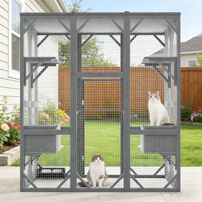 71" H Large Cat Catio Enclosure With 6 Platforms And 2 Napping Houses, Solid Wood Frame, For Indoor And Outdoor Use