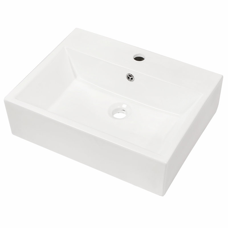 Lavabo de salle de bain mural en céramique rectangulaire avec trou de robinet et trop-plein