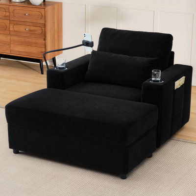 Armchair Converting To Chaise, Movable With Hidden Storage, Ports, Cup Holders, Side Pockets, Black Removable Parts Multifunctional For Living, Compartment,