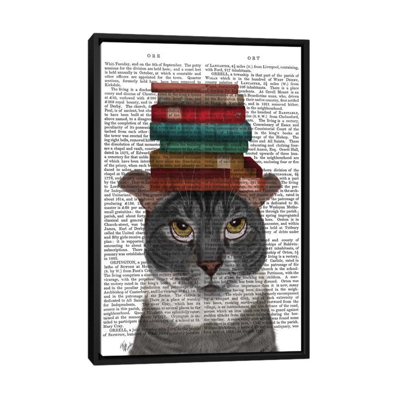 " Grey Cat With Books On Head I " by Fab Funky, 26" H x 18" W x 1.5" D, Black Framed Canvas, No Matte