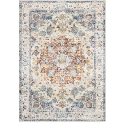 8' x 10' Vintage Boho Washable Area Rug – Ultra-Soft Low Pile, Non-Slip, Blue/Red