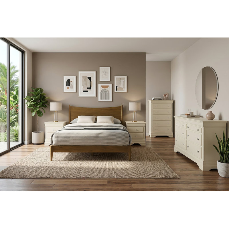 Barvelle Solid Wood 5 Piece Bedroom Set, Brown/Ivory, 5 Pcs: Bed, 2 Dressers, 2 Nightstands