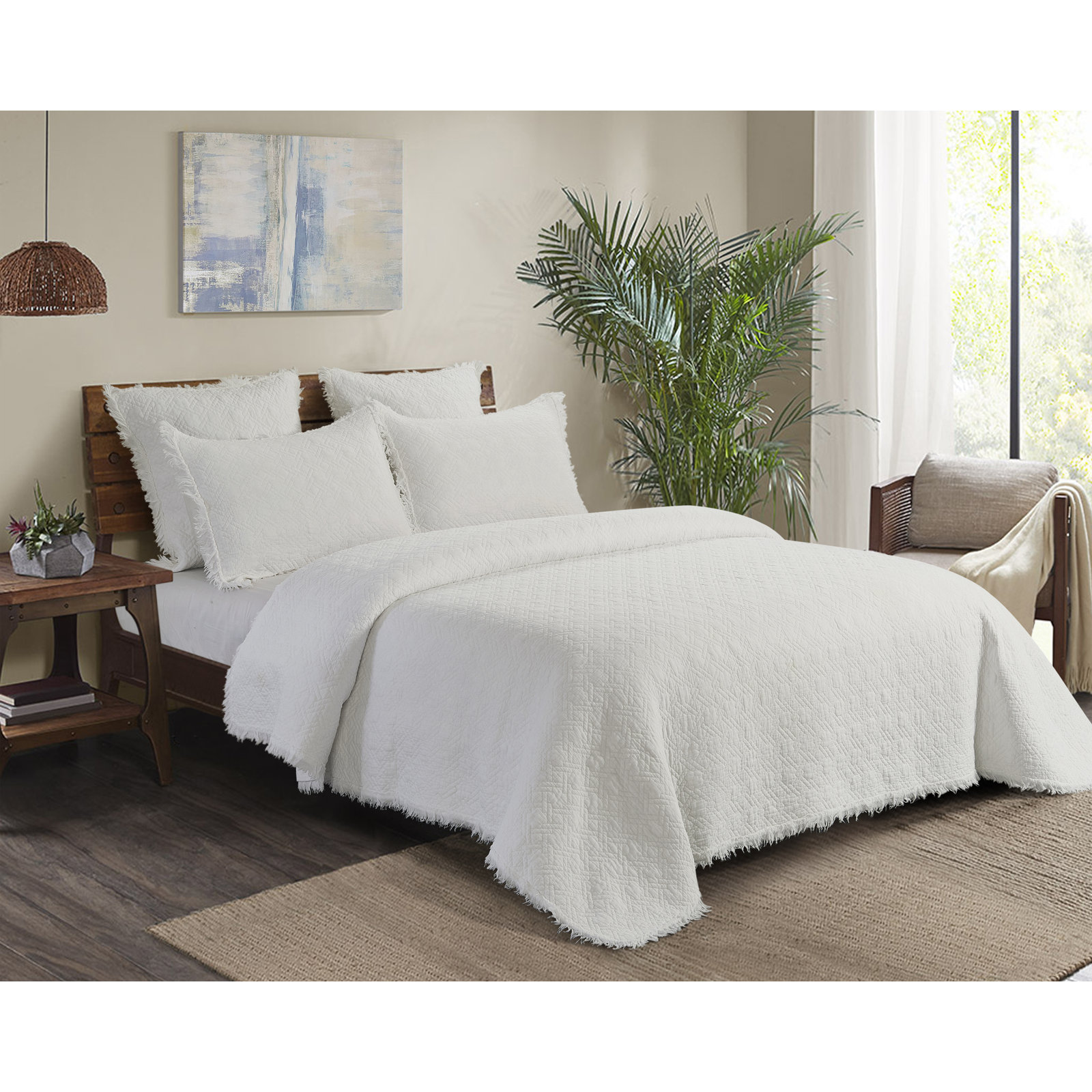 Marcine Cotton Quilt Set, King Quilt + 2 Shams, White