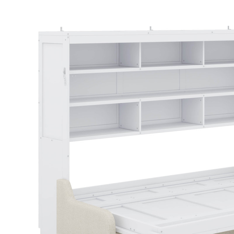 Lit armoire pleine grandeur avec canapé pliant, tablettes de rangement intégrées et lumière DEL, Lit double