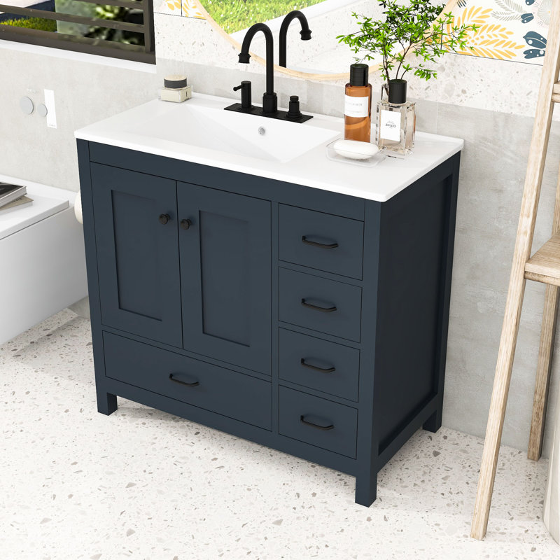 Ensemble de meuble-lavabo 36 po avec lavabo en céramique, 2 portes à fermeture douce et 5 tiroirs, Bleu