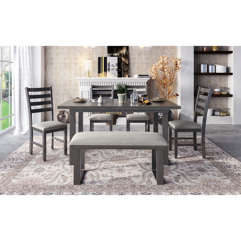Gray Solid Wood 6 Dining Arrangement, With Table, 4 Chairs And Bench Up, Rectangular & - Comfortable Seating Choice